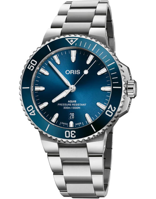 Oris Oris Aquis Date  01 733 7787 4135-07 8 22 04PEB  01 733 7787 4135-07 8 22 04PEB механические мужские часы синий циферблат, браслет нержавеющая сталь — вид спереди